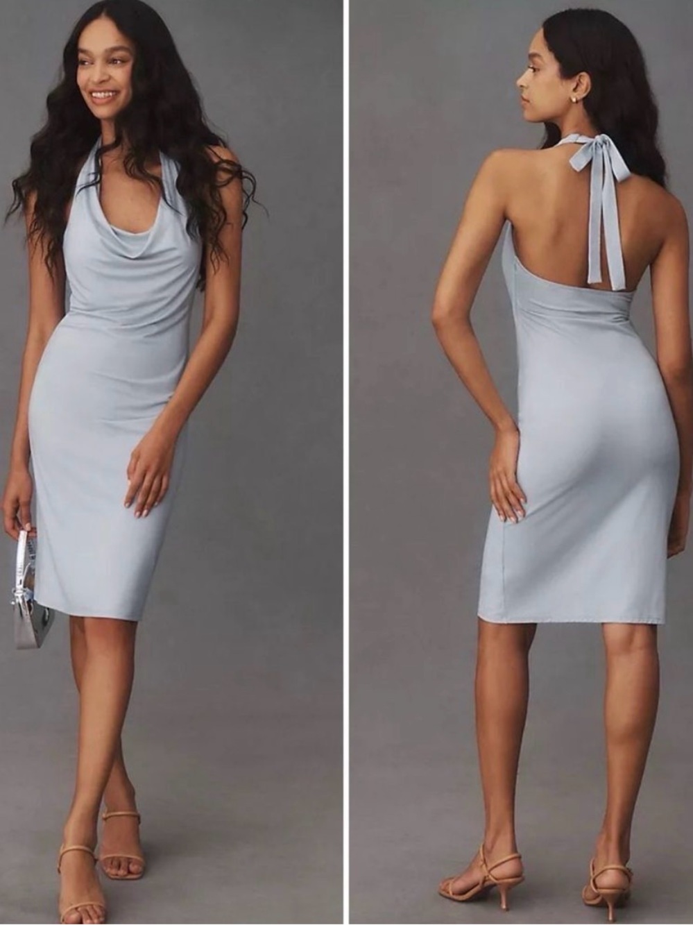 Reformation Zoisa Knit Pale Blue Cowl Halter Midi Dress